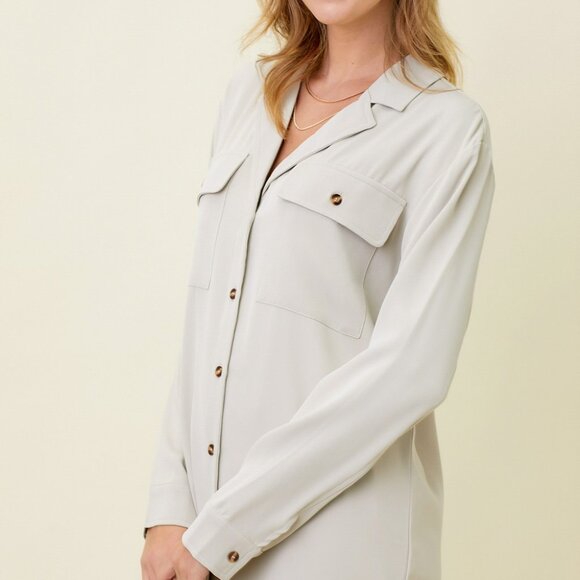MYSTREE Beige Button Down Blouse, Long Sleeve Pocket Shirt Neutral Top - Picture 2 of 5